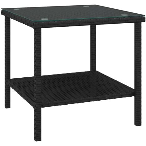 Table d'appoint noir 45x45x45 poly rotin et verre trempé