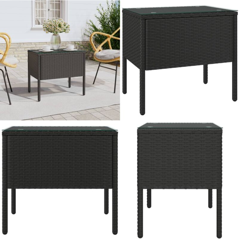 Table d'appoint noir 53x37x48 cm poly rotin et verre trempé - Table D'appoint - Table Basse - Meuble D'appoint - Décoration Intérieure - Mobilier