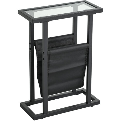 Table d’appoint noire avec sac tissu,cadre métallique et plateau verre 40x18x55,5 cm. Pour salon et chambre.