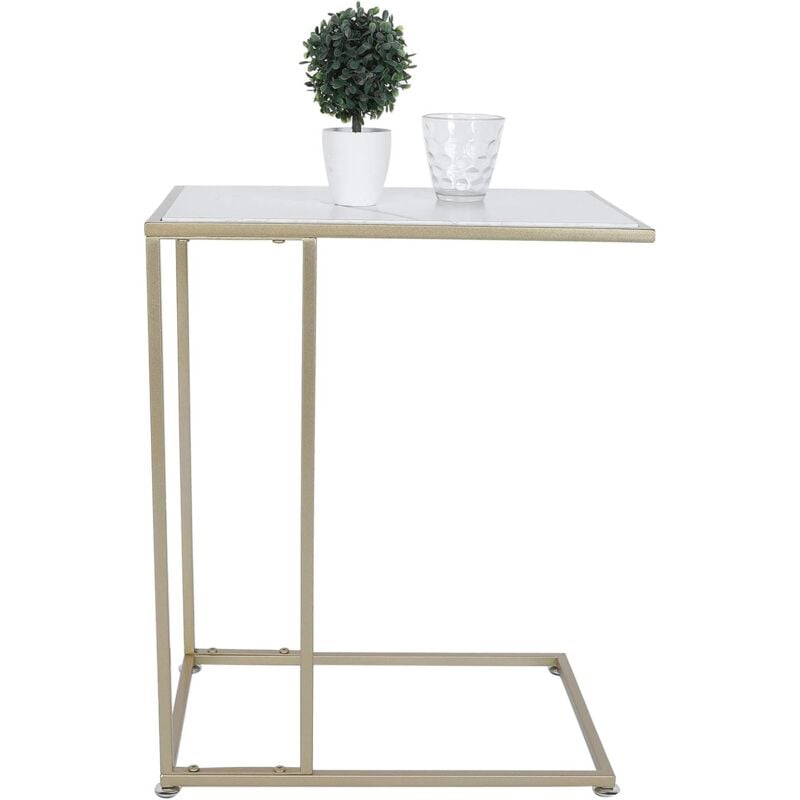 Rapanda - Table d'appoint en forme de c, table de canapé, table de lit, table pour ordinateur portable, table basse avec plateau en marbre et métal,
