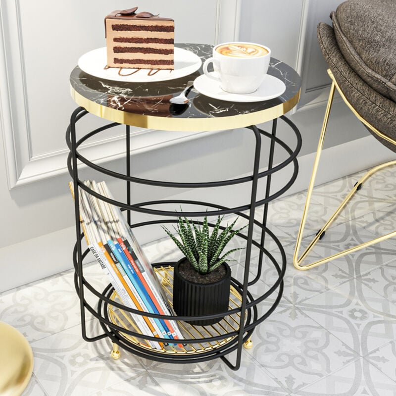 Table d'appoint Padasjoki avec panier de rangement 55 x 40 cm effet marbre noir or [en.casa]