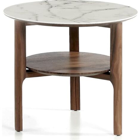 Table d'appoint plateau en verreavec effet marbre et bois - Noyer, blanc, gris,