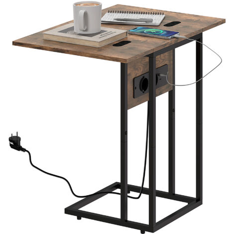 Table d'appoint pliable avec station de charge et ports USB, en métal, 39 x 29 x 57 cm, marron