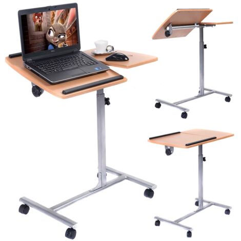 Table d’appoint pliable avec tablette d’ordinateur modulable Hauteur réglable 4 Roulettes, 64x45x71-93 cm, Noyer DESIGN IN