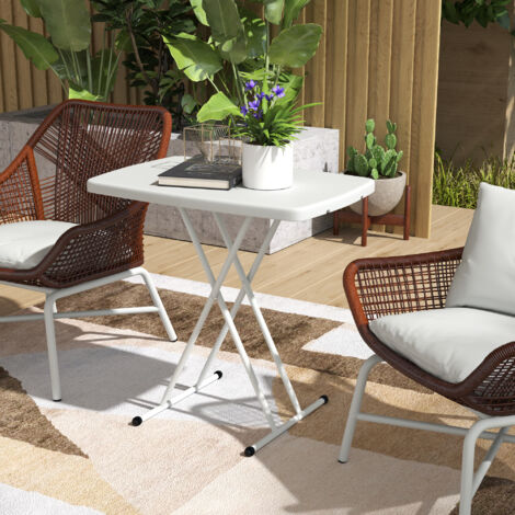 Table d'appoint pliable en HDPE table pliante hauteur réglable sur 6 niveaux pour patios jardins 76 x 50 x 74 cm blanc