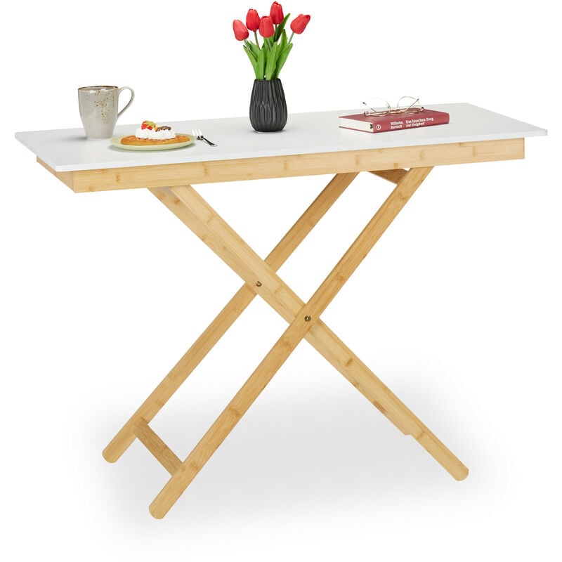 Table d'appoint pliable, réglable en hauteur, bambou, mdf, HxlxP : 70x105x50 cm, cuisine, balcon, nature/blanc - Relaxdays