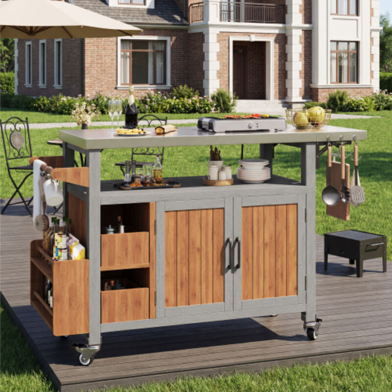 Table d'appoint pour barbecue, meuble de jardin portable, résistant aux intempéries, comptoir en acier inoxydable, chariot pour barbecue, chariot de