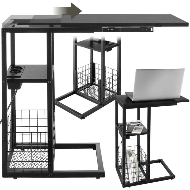 Table d'appoint pour ordinateur portable Station de charge intégrée avec port USB et AC et plateau de table coulissant 50 - 73 x 30 x 61,5 cm