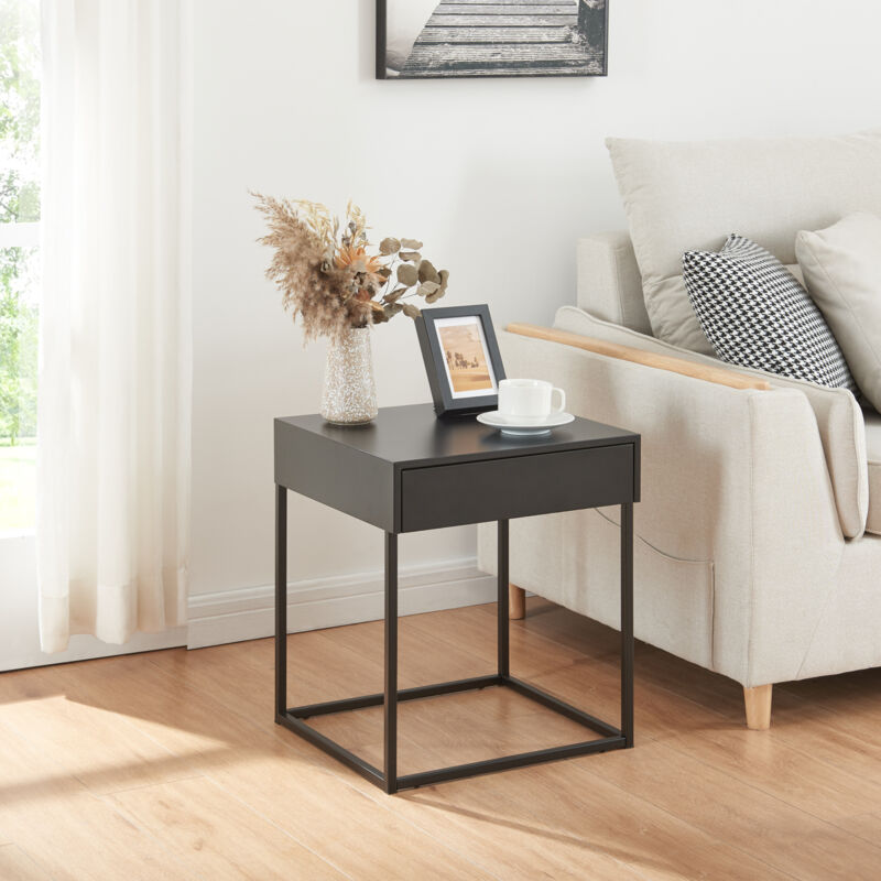 Table d'appoint Rautjärvi avec tiroir acier 50 x 43 x 41 cm noir mat [en.casa]