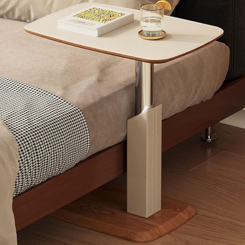 Table d’Appoint Relevable, Table Basse d’Appoint à Hauteur Réglable avec Plateau Rotatif 360° en Similicuir, Table en Forme de C pour Canapé, Chevet