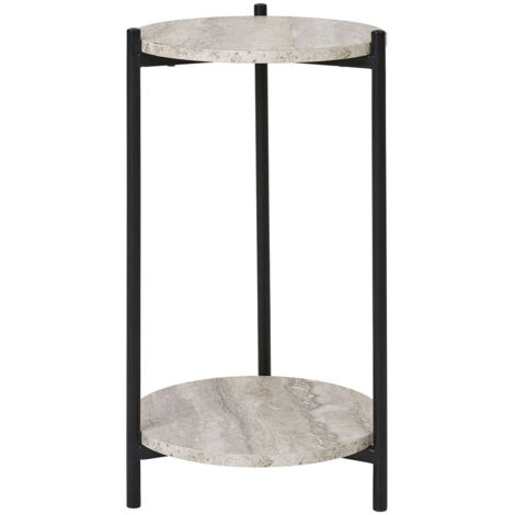 Table d'appoint ronde 27x46 cm effet travertin et métal noir