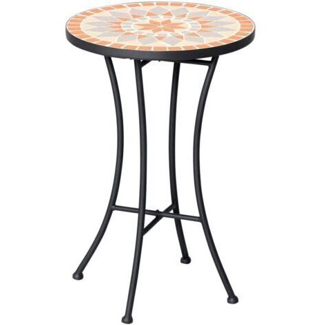 Table d'appoint ronde Ø35,5cm en métal résistant aux intempéries pour jardin, balcon, camping, bureau ou salon, design mosaïque jaune et gris