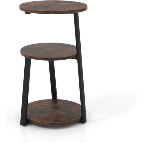 Table d'appoint ronde à 3 niveaux, table d'appoint de salon de style industriel avec cadre en métal, petite table 38 x 40,5 x 62 cm, pieds réglables, table de chevet, marron rustique et noir (1)