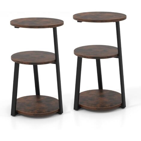 Table d'appoint ronde à 3 niveaux, table d'appoint de salon de style industriel avec cadre en métal, petite table 38 x 40,5 x 62 cm, pieds réglables, table de chevet, marron rustique et noir (1)