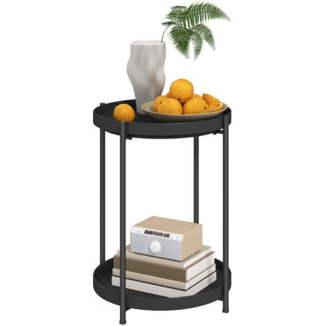Table d'appoint ronde avec étagère, table basse à 2 niveaux pour salon, chambre, petits espaces, métal, noir