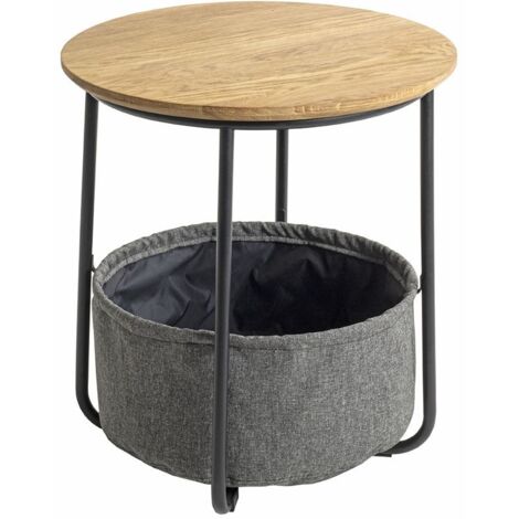Table d'appoint ronde avec panier de rangement en tissu gris - Diamètre 45 x Hauteur 50cm