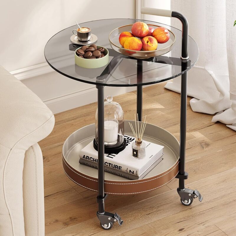 Table d’Appoint Ronde avec Plateau en Verre, Table d’Extrémité 2 Niveaux avec Poignée et roulettes Verrouillables, Table Roulante pour Salon, Chambre