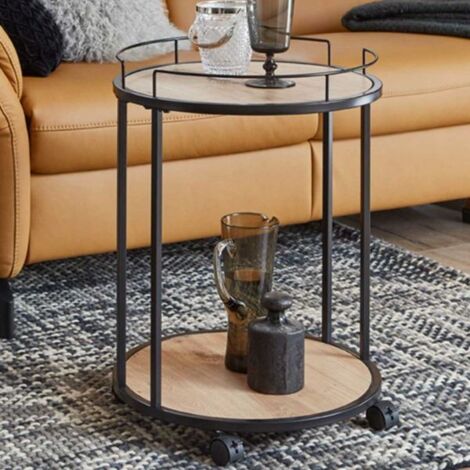 Table d'appoint ronde avec roulettes 45x45x60 cm chêne et noir