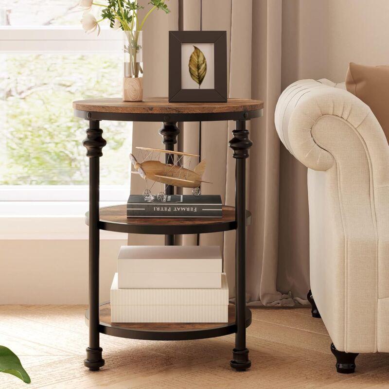 Hoerfuriy - Table d'Appoint Ronde, Bout de Canapé à 3 étagères, Table de Chevet Petite, Table Basse au Style Industriel, pour Salon, Chambre, Marron
