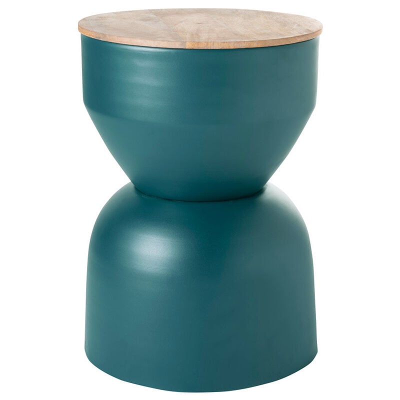 Table d'appoint ronde design avec rangement en métal bleu canard et bois manguier massif D30 cm yoyo