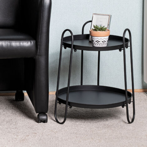 Table d'appoint ronde double plateau 43x50 cm en métal laqué noir