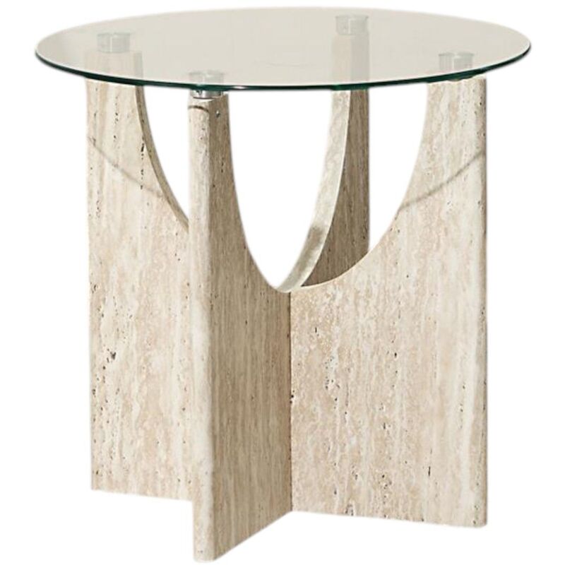 Table d'appoint ronde effet travertin et verre PIETRA