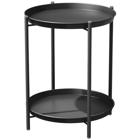 Table d'appoint ronde en acier noir – 2 étages – Résistante aux intempéries – Dimensions 45D x 45W x 53cm – Pour salon ou chambre