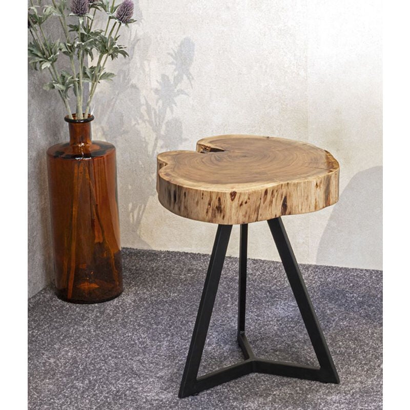Table d'appoint ronde en bois coloris naturel et métal noir -diamètre 38 x hauteur 43 cm