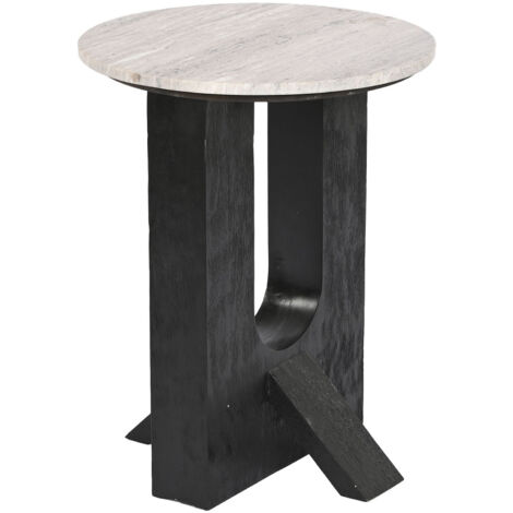 Table d'appoint ronde en bois de manguier coloris noir et marbre blanc - diamètre 41 x Hauteur 51 cm