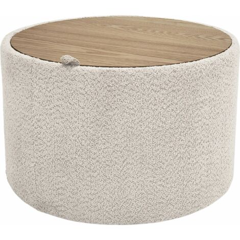 Table dappoint ronde en bois et tissu bouclette beige élégante - beige bouclette et bois naturel