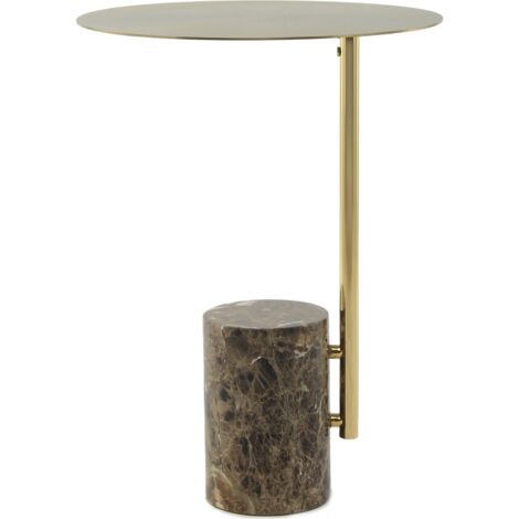 Table dappoint ronde en marbre brun et inox doré - marron marbre veiné blanc et or