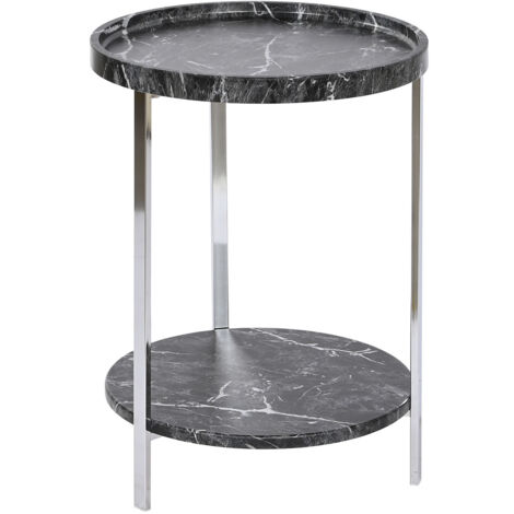 Table d'appoint ronde en MDF coloris argenté et marbre noir - diamètre 40 x Hauteur 53 cm
