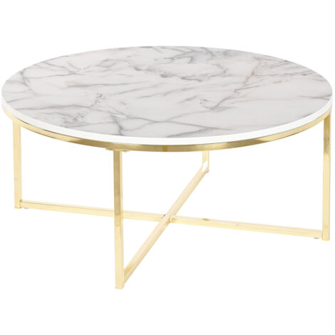 Table d'appoint ronde en métal doré et marbre blanc  - diamètre 80 x Hauteur 35 cm