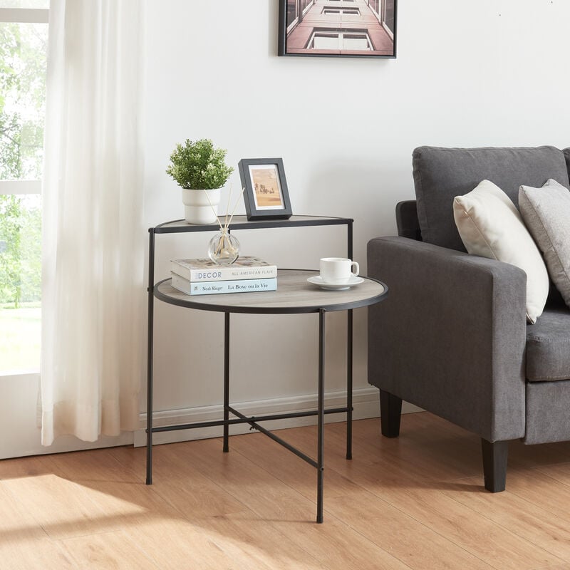 Table d'appoint ronde Fyresdal avec étagère métal mdf 68 x 62 cm noir effet chêne [en.casa]