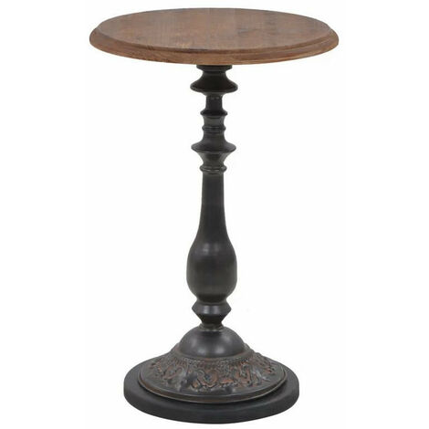 Table d'appoint ronde pin massif foncé et pied métal noir Keral