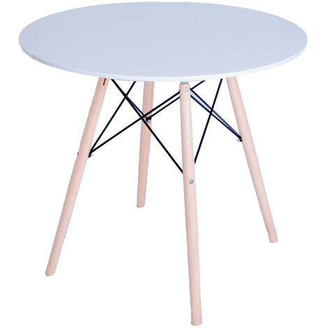 Table d'appoint ronde table de salle à manger blanche avec pieds en bois naturel coloris Blanc - Diamètre 60 x Hauteur 70 cm