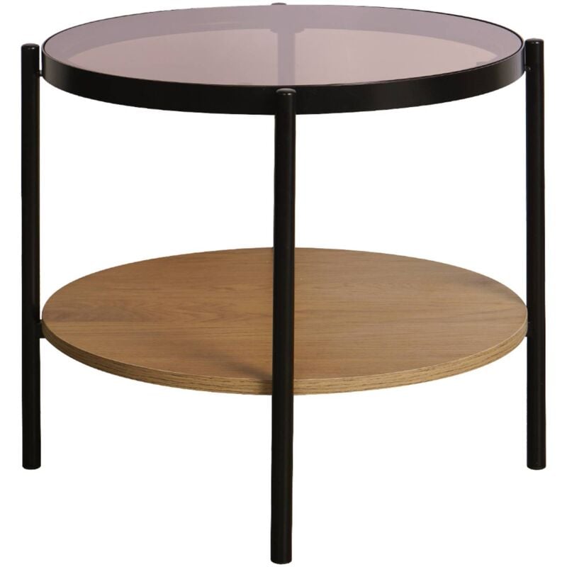 Table basse / d'appoint ronde 52 x 52 cm effet bois et métal noir. 2 plateaux dont un en verre trempé