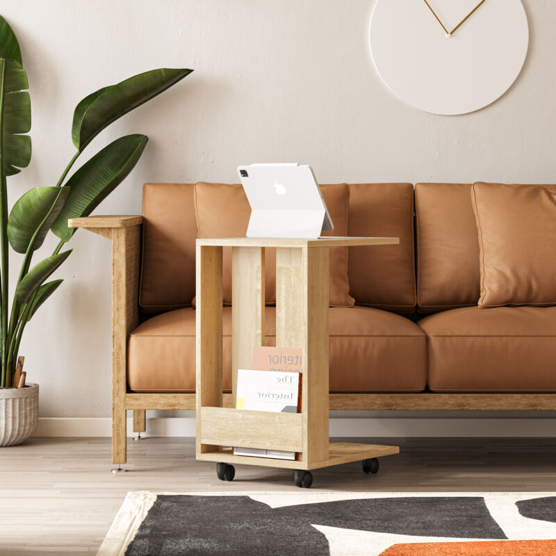 Decortie Edi Table d'appoint moderne en forme de C Mobile fonctionnel avec compartiment ouvert Chêne H60cm Decortie Edi Table d'appoint moderne en forme de C Mobile fonctionnel avec compartiment ouvert Chêne H60cm