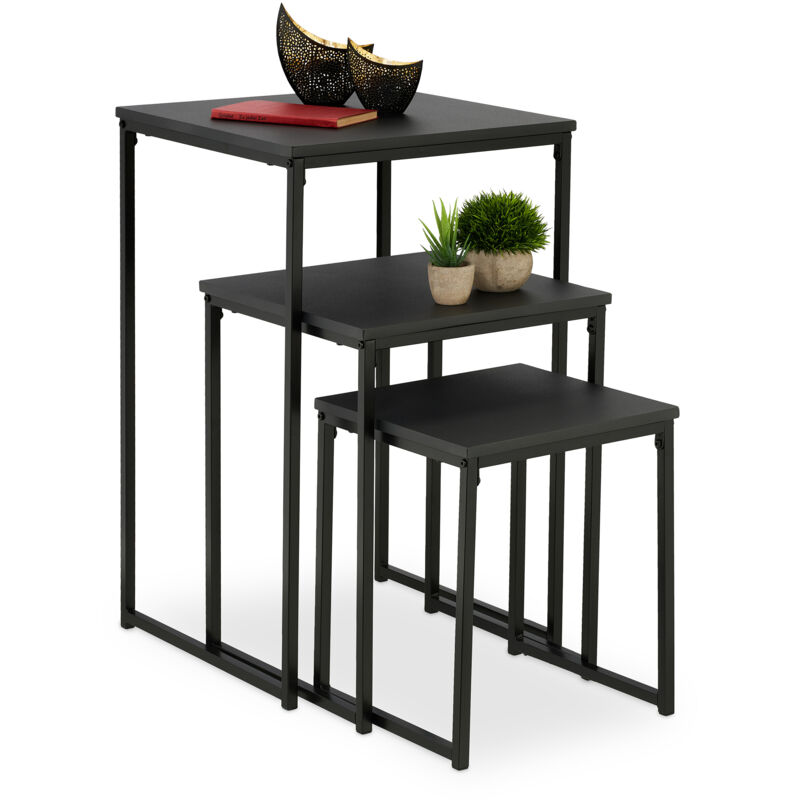 Relaxdays Lot de 3 tables d’appoint, empilables, 3 tailles, carrées, métal, pour le salon, déco, noir