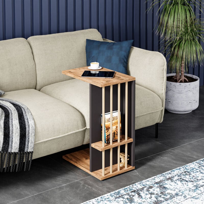 Table d'appoint Siikainen panneau de particules bois plastique 44 x 29 x 65 cm effet bois noir [en.casa]