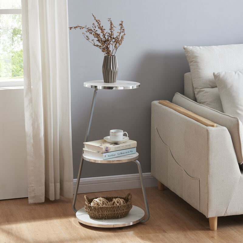 Table d'appoint Sipoo à 3 niveaux 74 x 46 x 37 cm marbre blanc / argenté [en.casa]