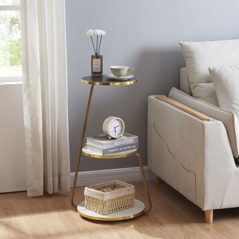 Table d'appoint Sipoo à 3 niveaux 74 x 46 x 37 cm marbre blanc / marbre noir / doré [en.casa]