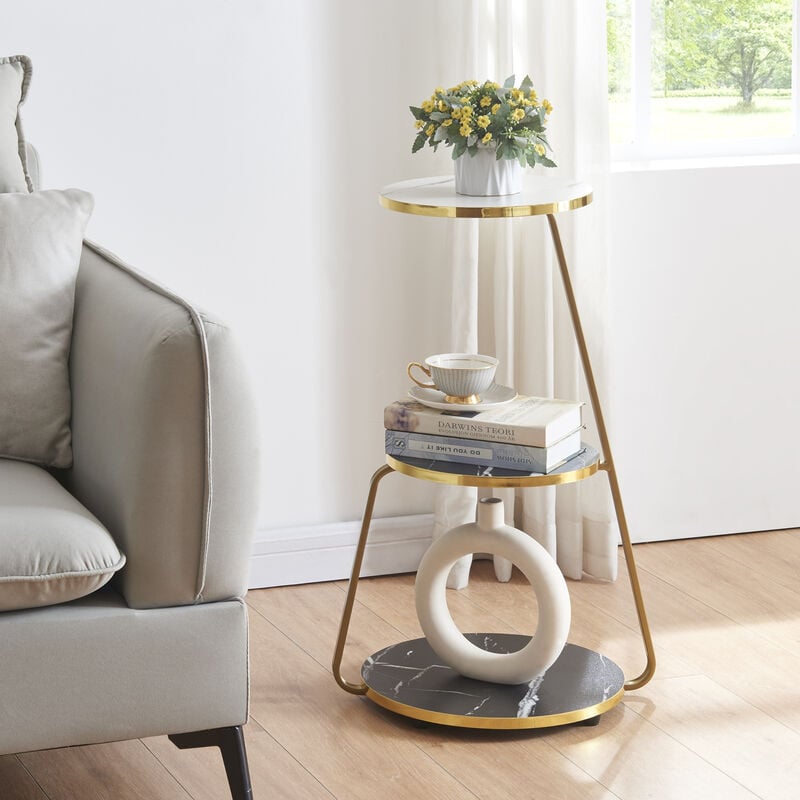 Table d'appoint Sipoo à 3 niveaux 74 x 46 x 37 cm marbre noir / marbre blanc / doré [en.casa]
