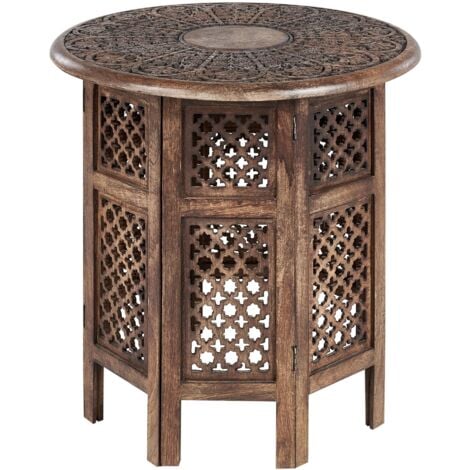 BELIANI Table d'Appoint Sombre en Bois de Manguier Bout de Canapé Ajouré Oriental Kumali