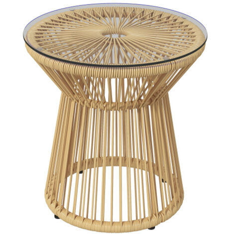 Table d'appoint, table basse avec plateau en verre, design cylindrique ajouré, table de jardin pour terrasse, métal, beige