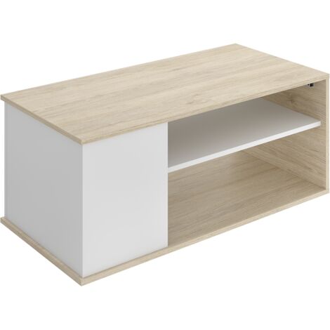 Table d'appoint Table basse rectangulaire avec plateau relevable et 2 compartiments de rangement, coloris chêne naturel/blanc - Hauteur 41,7 x Longueur 100 x Profondeur 50 cm