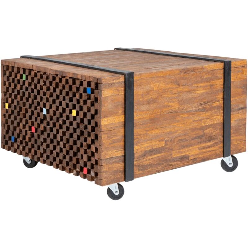 Table d'appoint table basse sur roulettes en teck marron et multicolor 60 x 60 x 38 cm DEC032435