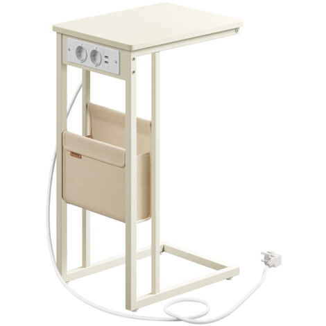 Table d’Appoint, Table de Chevet avec Multiprise, Bout de Canapé en Forme de C, pour Petits Espaces, 2 Ports USB et Prises, Sac, Pieds Réglables, pour Chambre, Salon, Blanc Crème