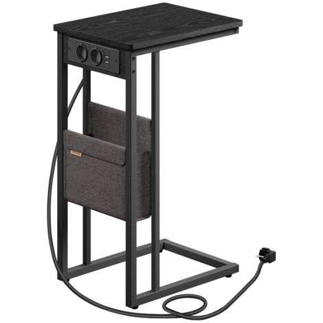 Table d’Appoint, Table de Chevet avec Multiprise, Bout de Canapé en Forme de C, pour Petits Espaces, 2 Ports USB et Prises, Sac, Pieds Réglables, pour Chambre, Salon, Noir Boisé