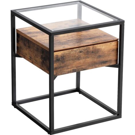 Table d'appoint table de chevet de style industriel plateau en verre trempé tiroir table basse pour salon chambre 43 x 43 x 54 cm armature en fer rigide - Transparent